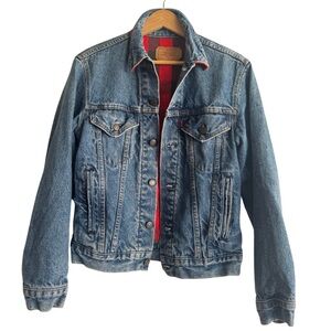 Vintage Levi’s Denim Trucker Jacket red buffalo plaid lining 80s 90s Made in USA